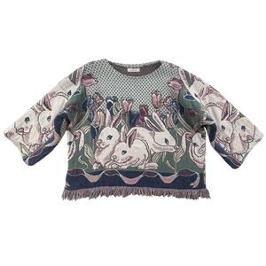 Vtg Sweater Tapestry XXL Bunny Rabbit Art Style Pullover Fringe LP Solutions